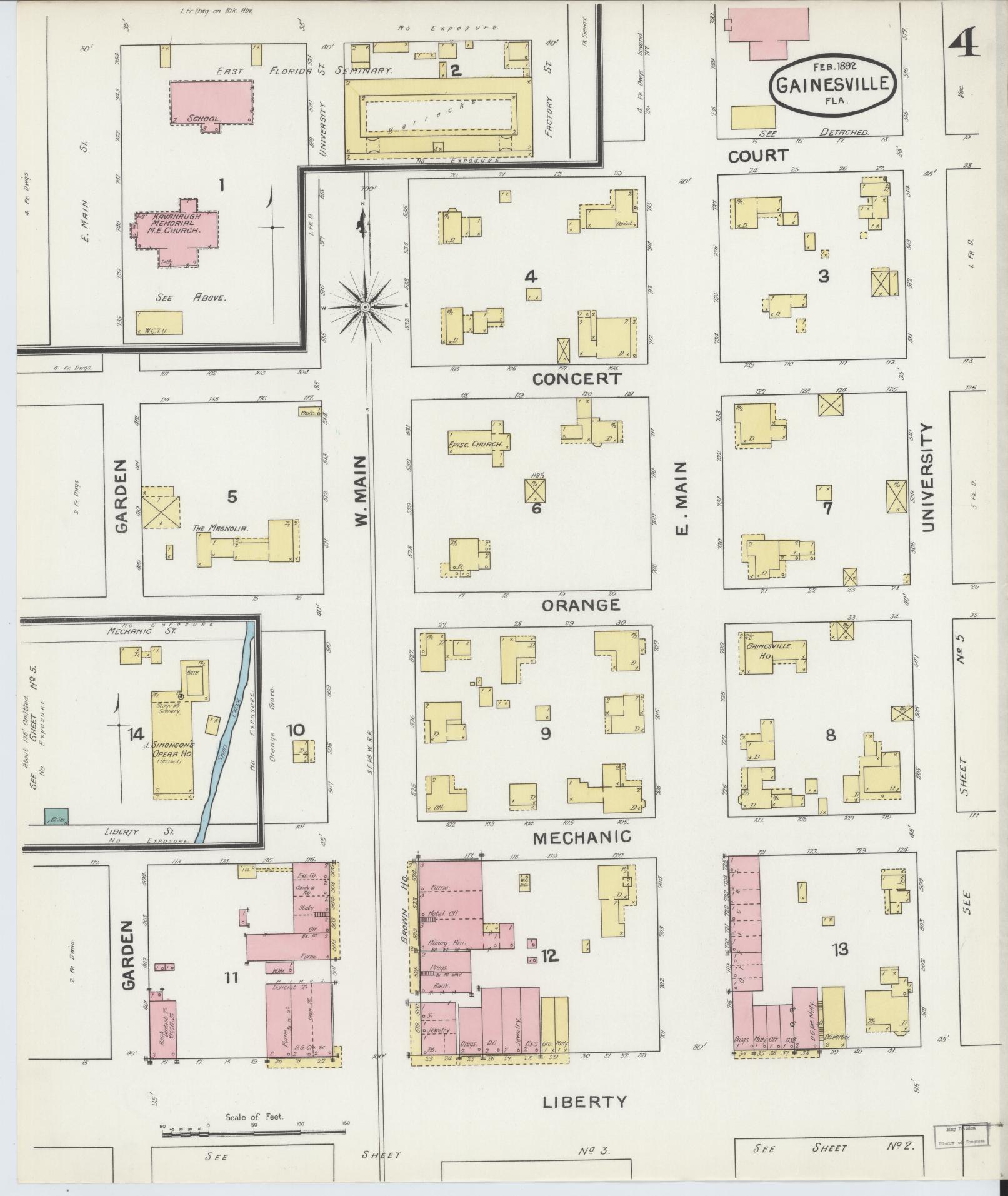 Sanborn Fire Insurance Map from Gainesville, Alachua County, Florida (1892), Sheet #0004 - Complete Map Set gallery image, historic Sanborn map, vintage wall art, Florida Florida