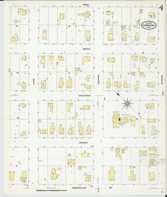 Sanborn Fire Insurance Map from Grayling, Crawford County, Michigan (1909), Sheet #0004 - Historic Sanborn Fire Insurance Map Print, vintage old map wall art, antique decor, genealogy gift, Michigan Michigan map