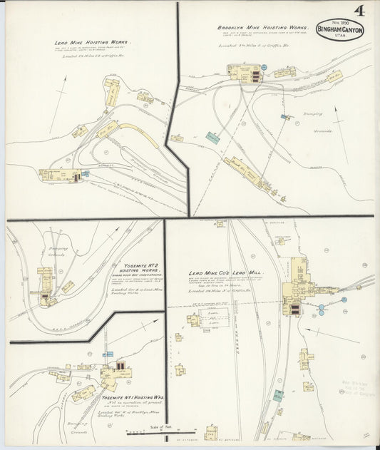 Sanborn Fire Insurance Map from Bingham Canyon, Salt Lake County, Utah (1890), Sheet #0004 - Historic Sanborn Fire Insurance Map Print, vintage old map wall art, antique decor, genealogy gift, Utah Utah map
