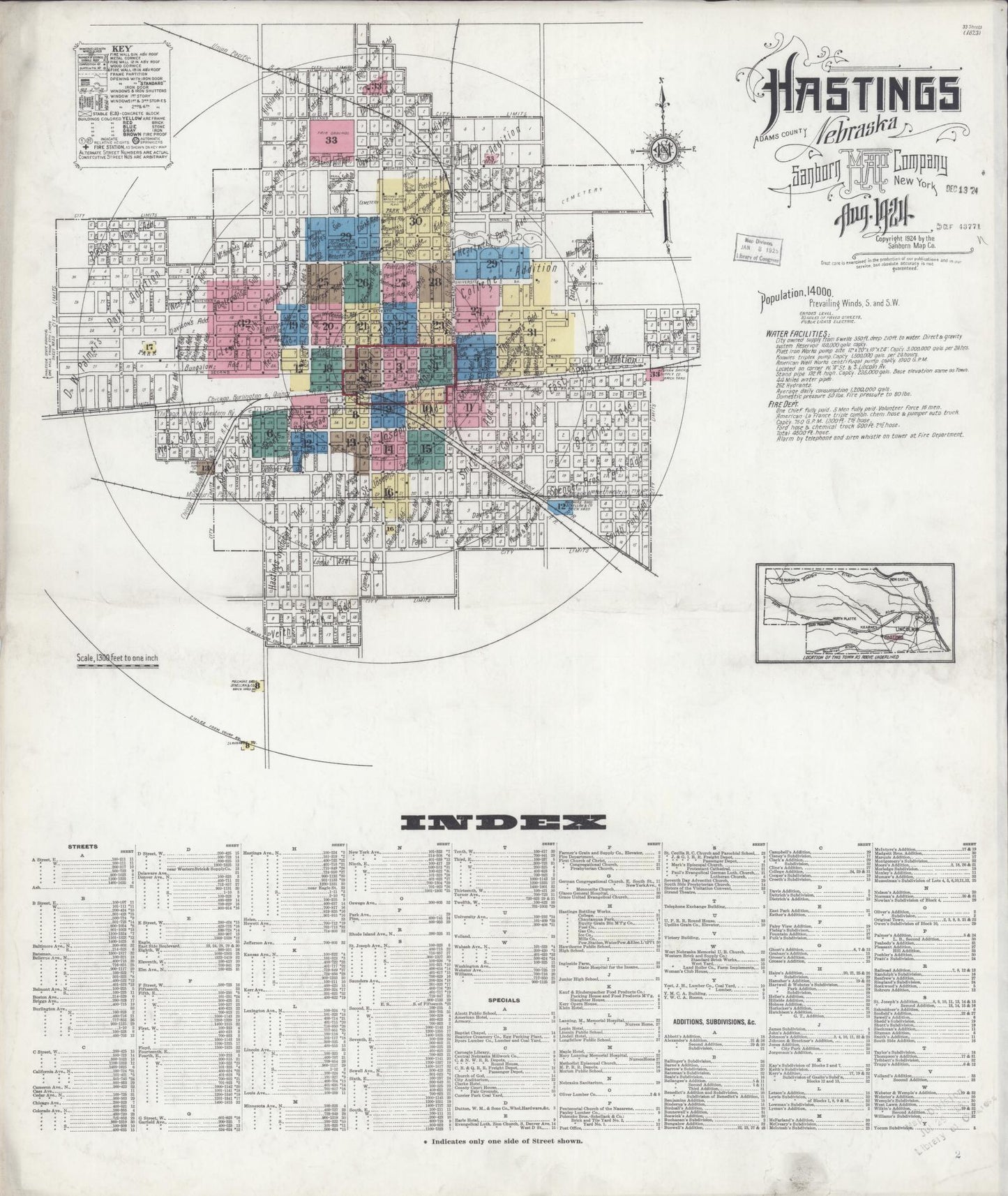Sanborn Fire Insurance Map from Hastings, Adams County, Nebraska (1924), Sheet #0001 - Historic Sanborn Fire Insurance Map Print, vintage old map wall art, antique decor, genealogy gift, Nebraska Nebraska map