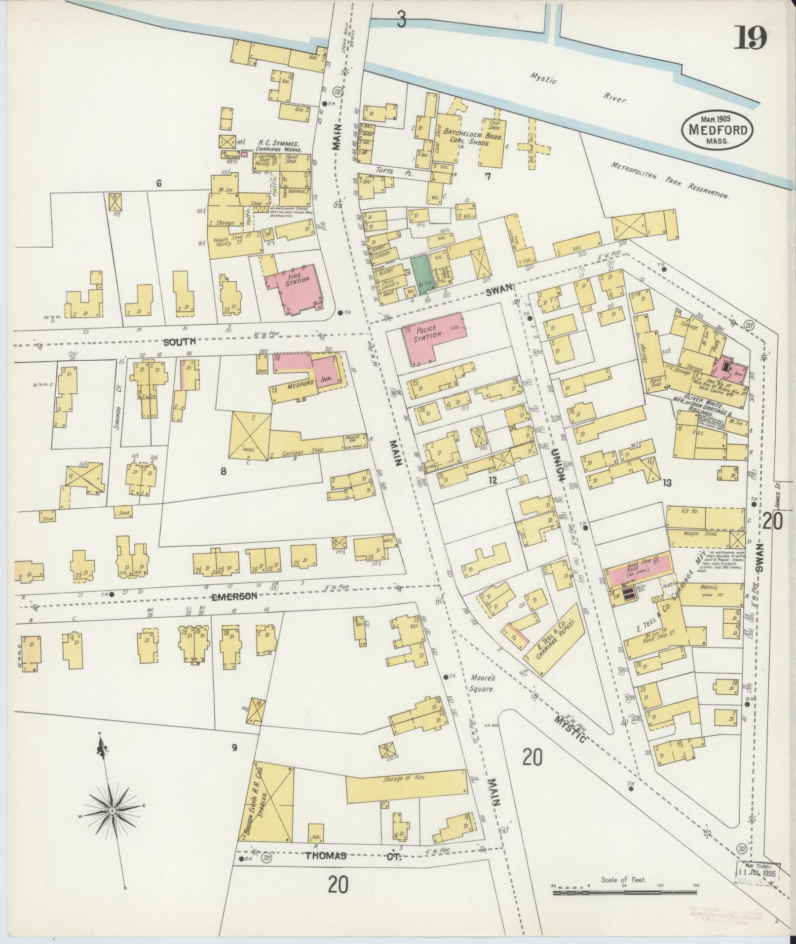 Sanborn Fire Insurance Map from Medford, Middlesex County, Massachusetts (1903), Sheet #0019 - Historic Sanborn Fire Insurance Map Print, vintage old map wall art, antique decor, genealogy gift, Massachusetts Massachusetts map