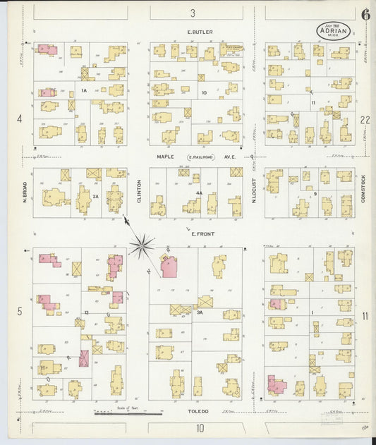 Sanborn Fire Insurance Map from Adrian, Lenawee County, Michigan (1908), Sheet #0006 - Historic Sanborn Fire Insurance Map Print, vintage old map wall art, antique decor, genealogy gift, Michigan Michigan map