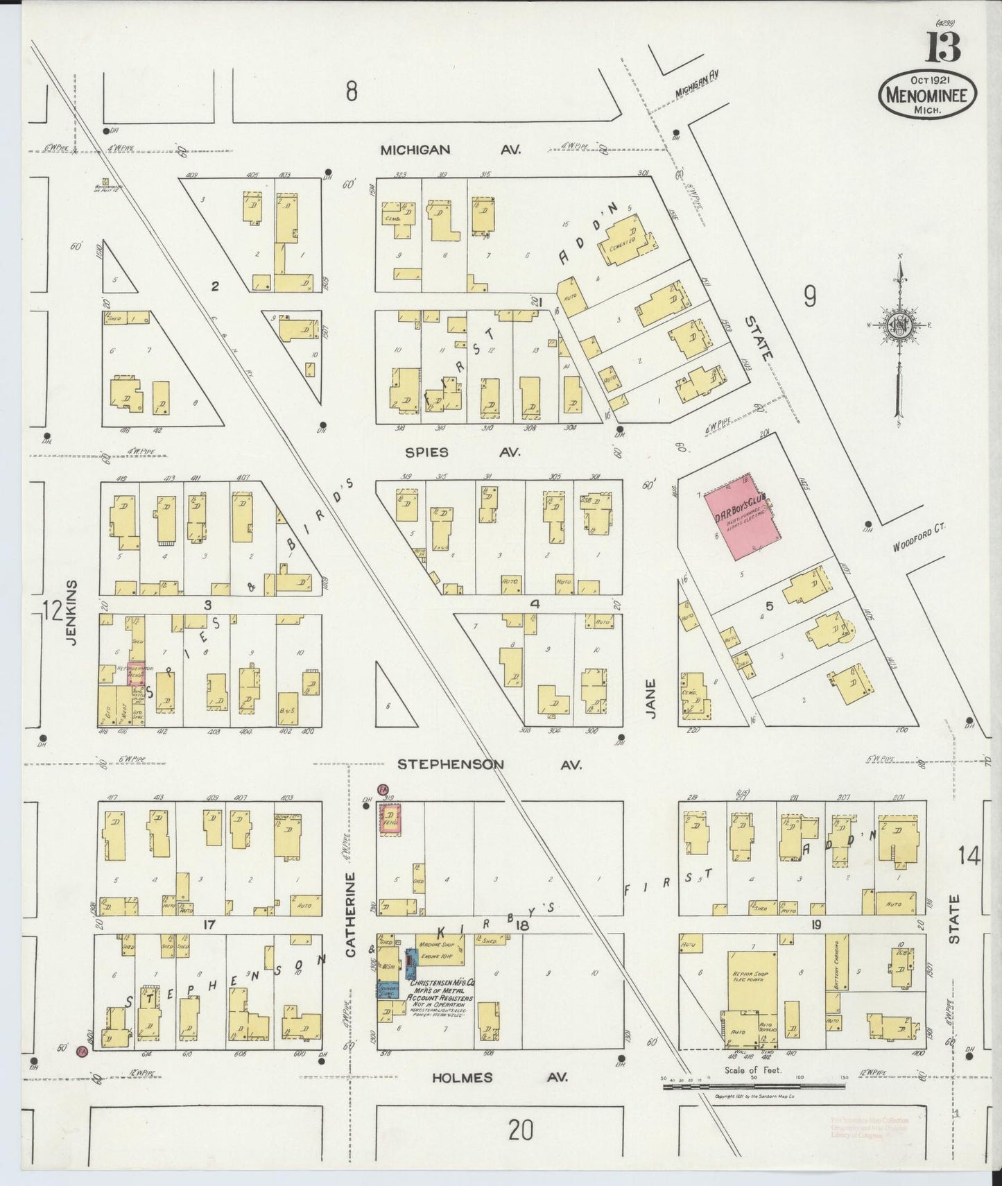 Sanborn Fire Insurance Map from Menominee, Menominee County, Michigan (1921), Sheet #0013 - Complete Map Set gallery image, historic Sanborn map, vintage wall art, Michigan Michigan