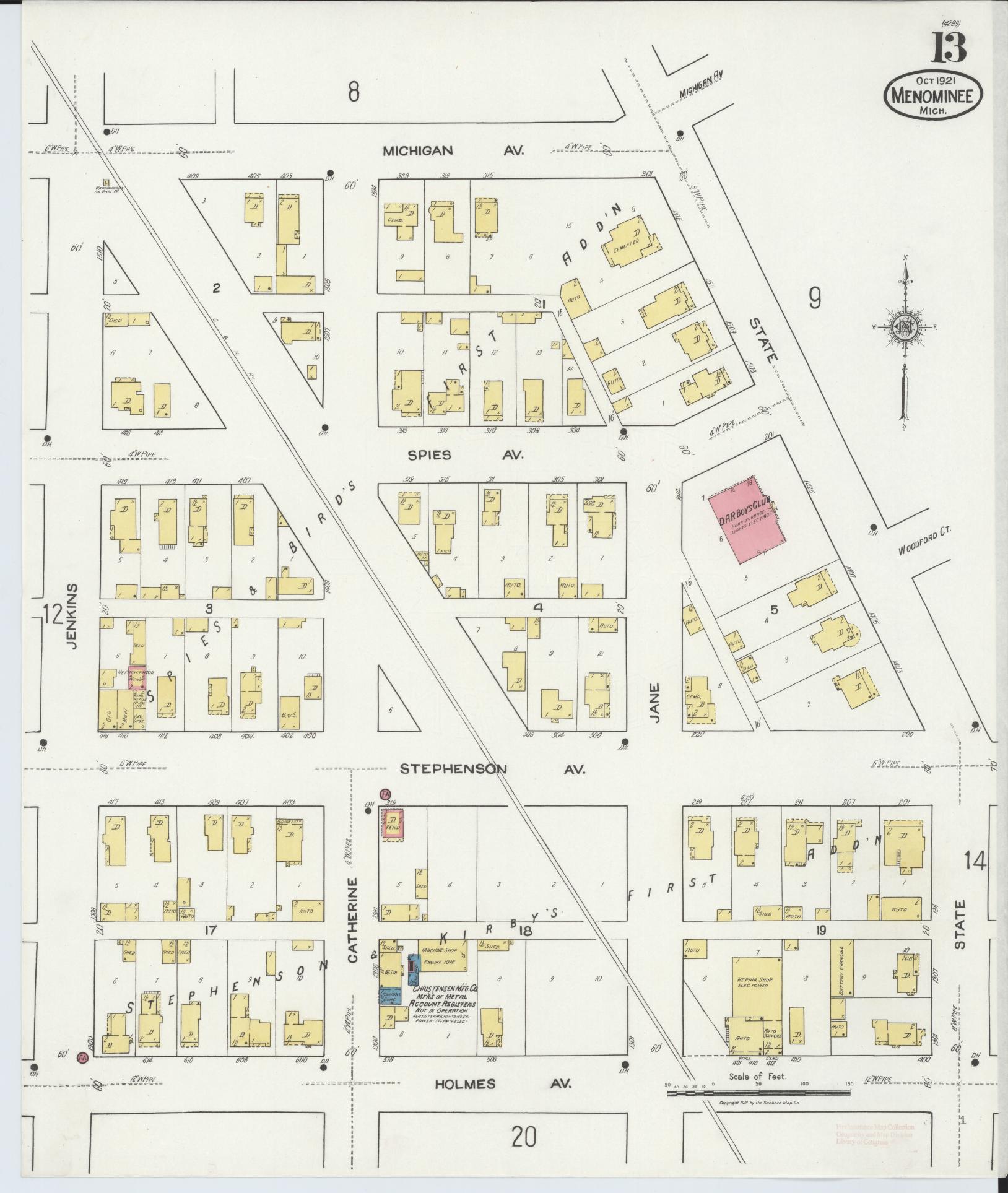Sanborn Fire Insurance Map from Menominee, Menominee County, Michigan (1921), Sheet #0013 - Complete Map Set gallery image, historic Sanborn map, vintage wall art, Michigan Michigan