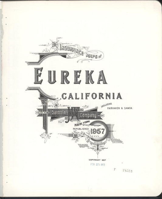 Sanborn Fire Insurance Map from Eureka, Humboldt County, California (1957), Sheet #0001 - Historic Sanborn Fire Insurance Map Print, vintage old map wall art, antique decor, genealogy gift, California California map