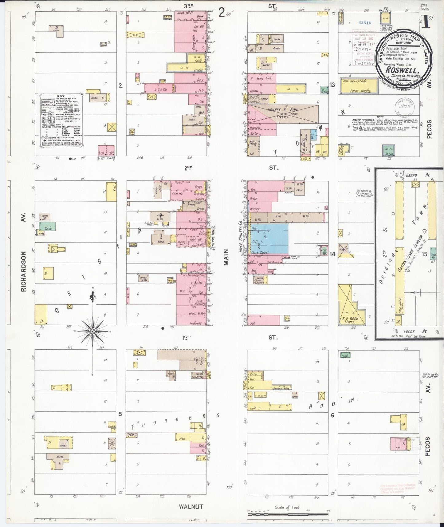 Sanborn Fire Insurance Map from Roswell, Chaves County, New Mexico (1900), Sheet #0001 - Historic Sanborn Fire Insurance Map Print, vintage old map wall art, antique decor, genealogy gift, New Mexico New Mexico map