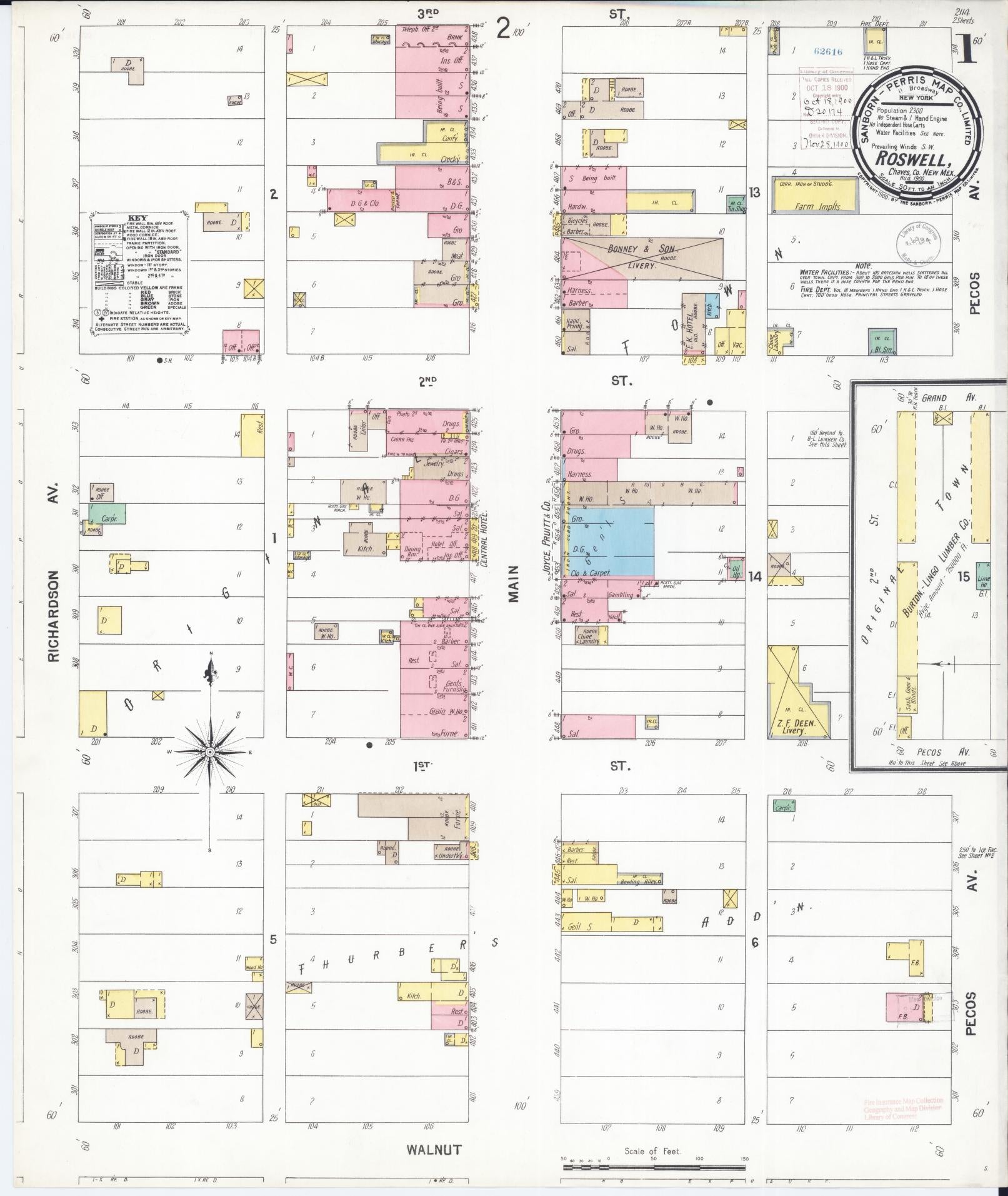 Sanborn Fire Insurance Map from Roswell, Chaves County, New Mexico (1900), Sheet #0001 - Historic Sanborn Fire Insurance Map Print, vintage old map wall art, antique decor, genealogy gift, New Mexico New Mexico map