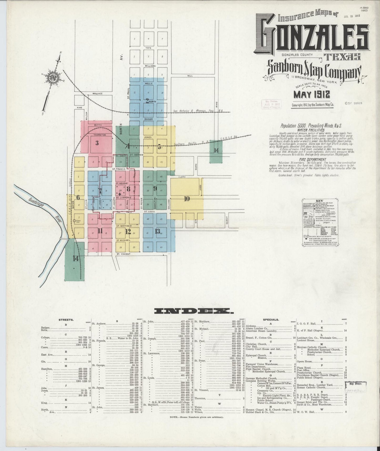 Sanborn Fire Insurance Map from Gonzales, Gonzales County, Texas (1912), Sheet #0001 - Complete Map Set gallery image, historic Sanborn map, vintage wall art, Texas Texas