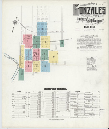 Sanborn Fire Insurance Map from Gonzales, Gonzales County, Texas (1912), Sheet #0001 - Complete Map Set gallery image, historic Sanborn map, vintage wall art, Texas Texas