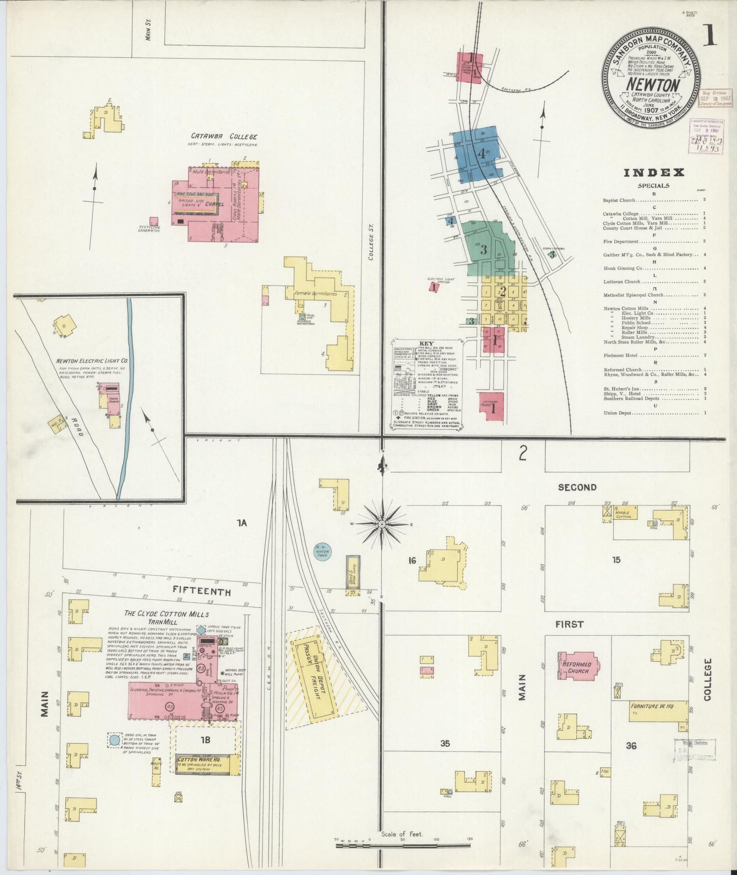 Sanborn Fire Insurance Map from Newton, Catawba County, North Carolina (1907), Sheet #0001 - Historic Sanborn Fire Insurance Map Print, vintage old map wall art, antique decor, genealogy gift, North Carolina North Carolina map