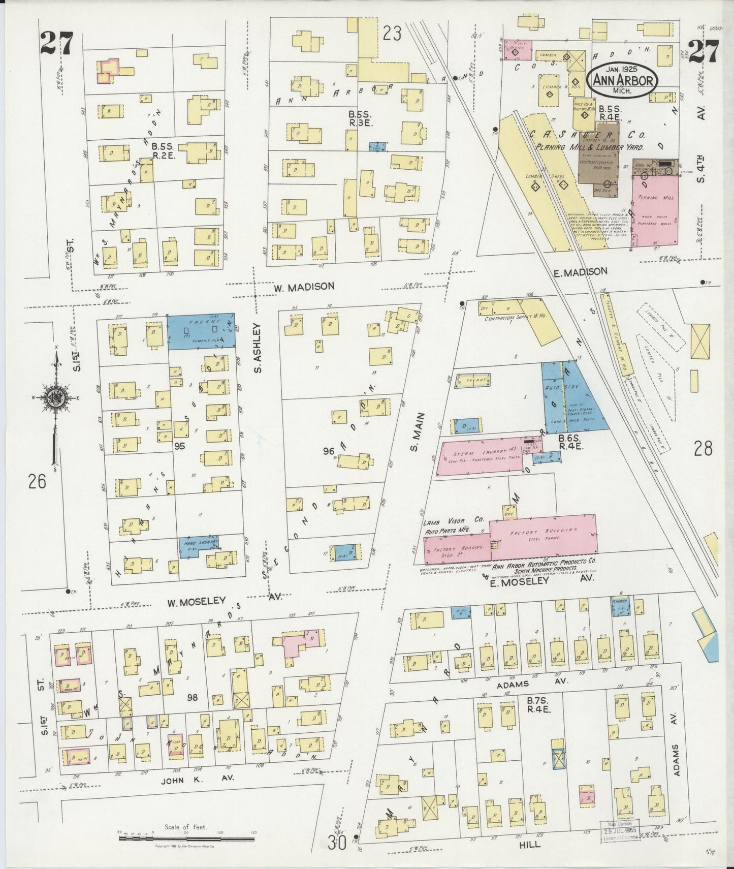 Sanborn Fire Insurance Map from Ann Arbor, Washtenaw County, Michigan (1925), Sheet #0027 - Historic Sanborn Fire Insurance Map Print, vintage old map wall art, antique decor, genealogy gift, Michigan Michigan map