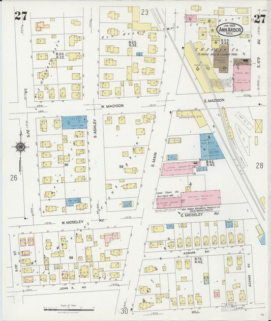 Sanborn Fire Insurance Map from Ann Arbor, Washtenaw County, Michigan (1925), Sheet #0027 - Historic Sanborn Fire Insurance Map Print, vintage old map wall art, antique decor, genealogy gift, Michigan Michigan map