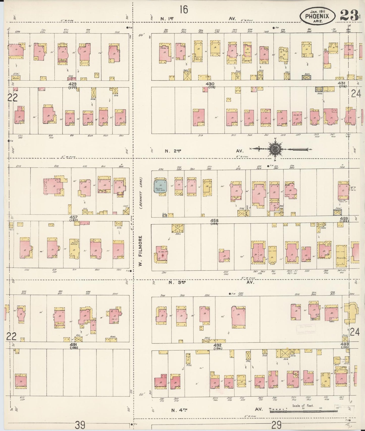 Sanborn Fire Insurance Map from Phoenix, Maricopa County, Arizona (1911), Sheet #0023 - Complete Map Set gallery image, historic Sanborn map, vintage wall art, Arizona Arizona