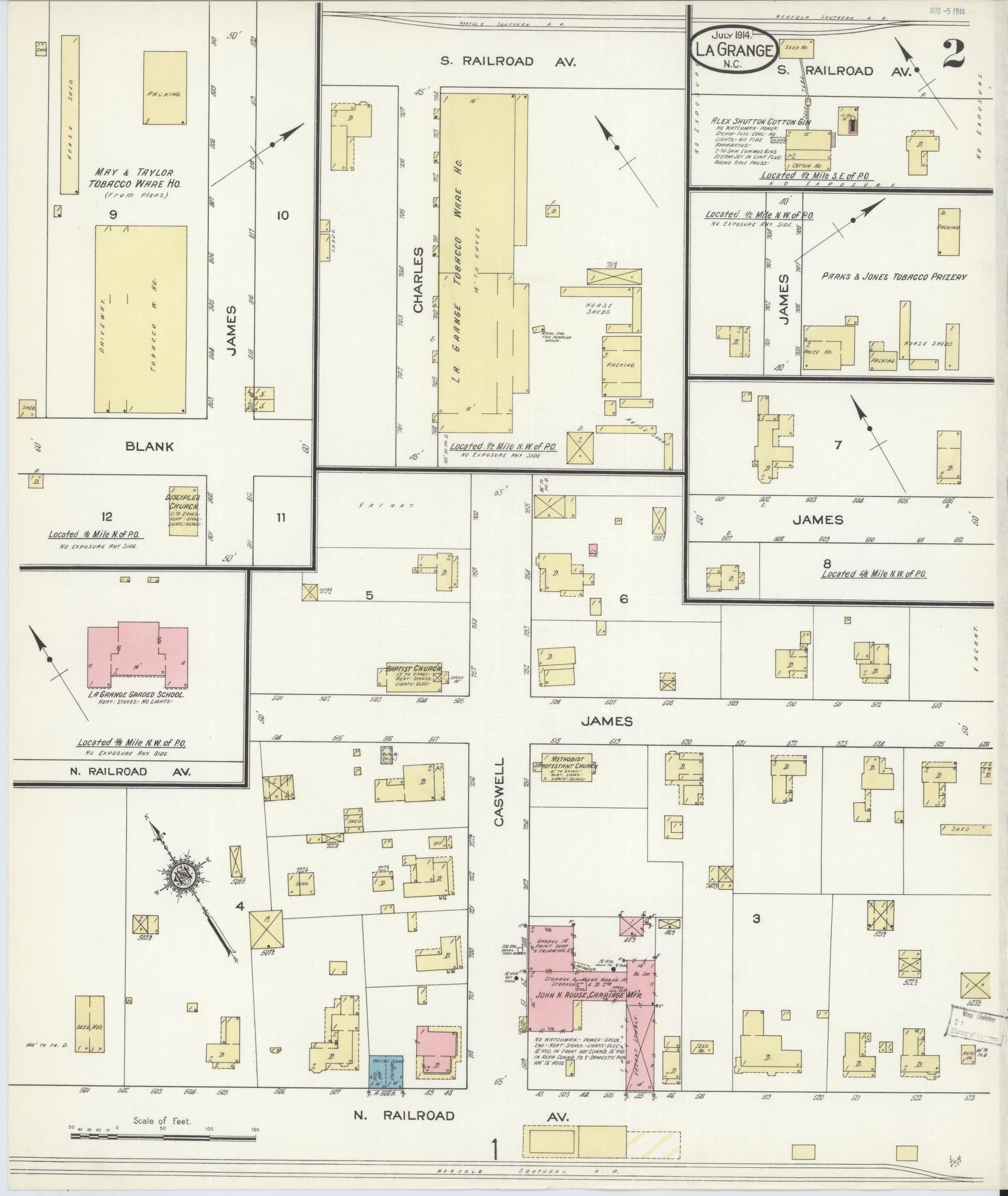 Sanborn Fire Insurance Map from La Grange, Lenoir County, North Carolina (1914), Sheet #0002 - Historic Sanborn Fire Insurance Map Print, vintage old map wall art, antique decor, genealogy gift, North Carolina North Carolina map