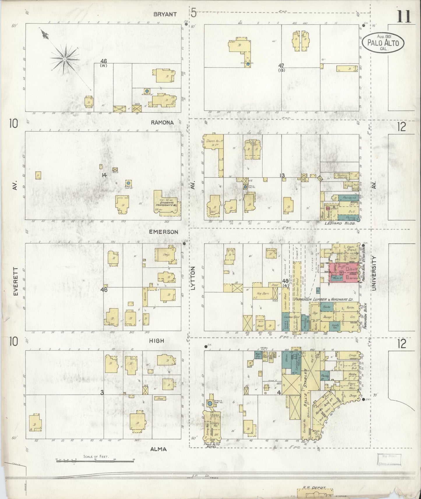 Sanborn Fire Insurance Map from Palo Alto, Santa Clara County, California (1901), Sheet #0011 - Complete Map Set gallery image, historic Sanborn map, vintage wall art, California California