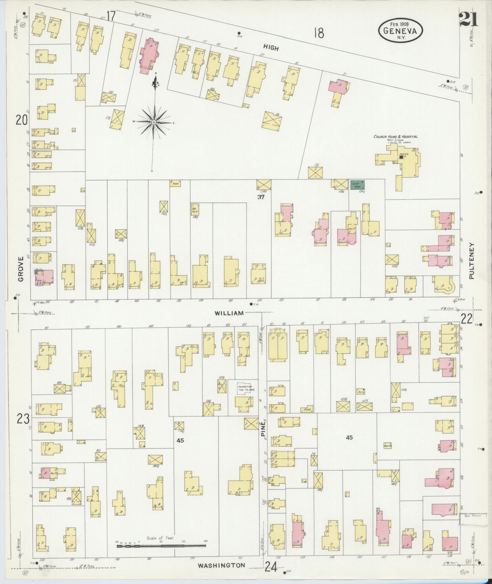 Sanborn Fire Insurance Map from Geneva, Ontario County, New York (1909), Sheet #0021 - Historic Sanborn Fire Insurance Map Print, vintage old map wall art, antique decor, genealogy gift, New York New York map