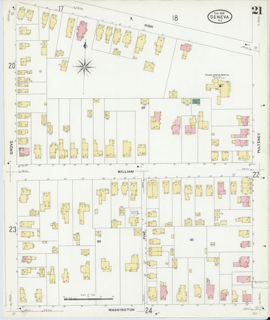 Sanborn Fire Insurance Map from Geneva, Ontario County, New York (1909), Sheet #0021 - Historic Sanborn Fire Insurance Map Print, vintage old map wall art, antique decor, genealogy gift, New York New York map