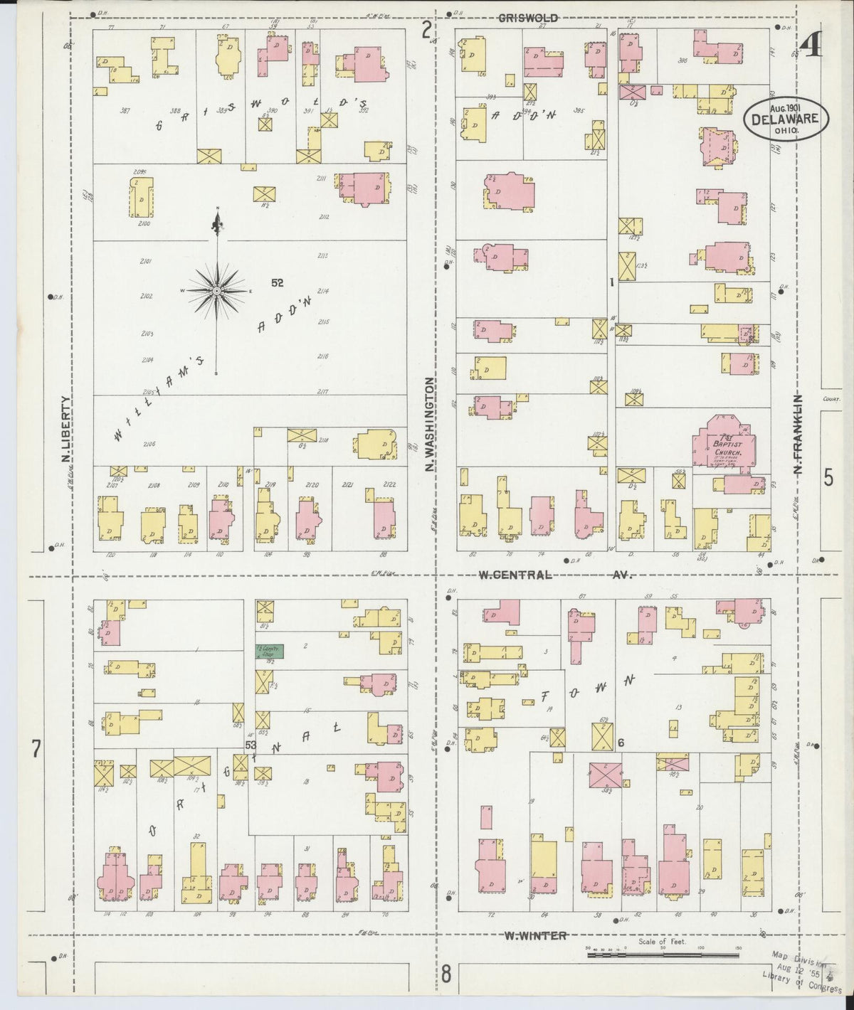 Sanborn Fire Insurance Map from Delaware, Delaware County, Ohio (1901), Sheet #0004 - Historic Sanborn Fire Insurance Map Print, vintage old map wall art, antique decor, genealogy gift, Sanborn Fire Insurance Map from Delaware Delaware map