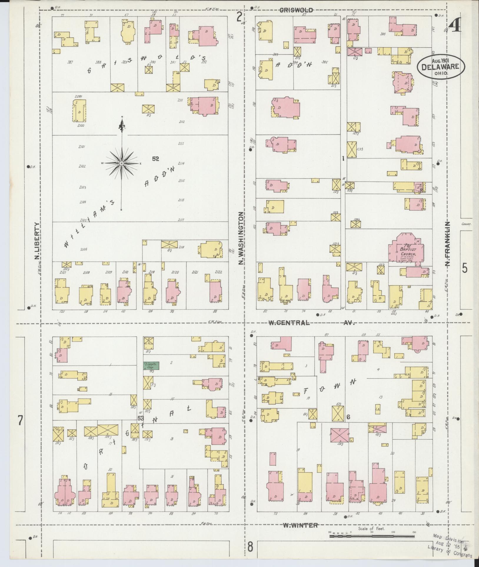 Sanborn Fire Insurance Map from Delaware, Delaware County, Ohio (1901), Sheet #0004 - Historic Sanborn Fire Insurance Map Print, vintage old map wall art, antique decor, genealogy gift, Sanborn Fire Insurance Map from Delaware Delaware map