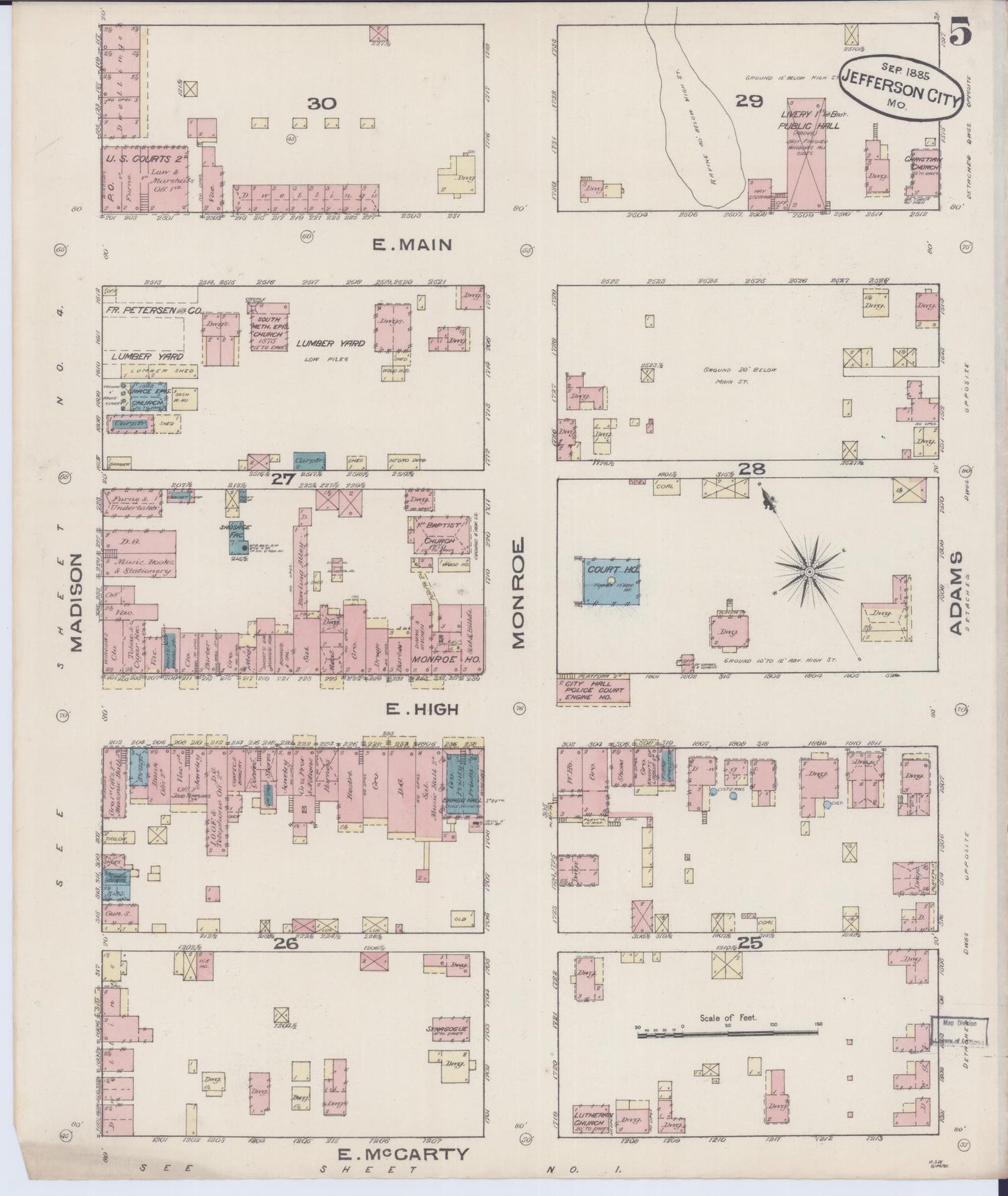 Sanborn Fire Insurance Map from Jefferson City, Cole County, Missouri (1885), Sheet #0005 - Complete Map Set gallery image, historic Sanborn map, vintage wall art, Missouri Missouri