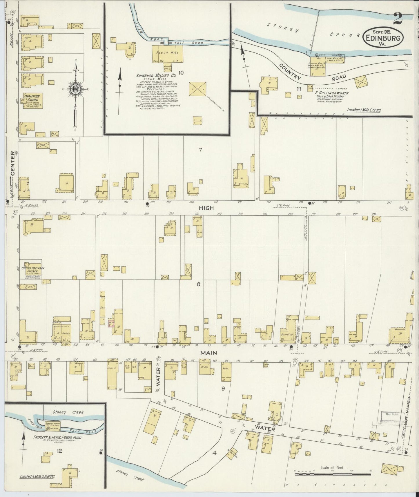 Sanborn Fire Insurance Map from Edinburg, Shenandoah County, Virginia (1915), Sheet #0002 - Historic Sanborn Fire Insurance Map Print, vintage old map wall art, antique decor, genealogy gift, Virginia Virginia map