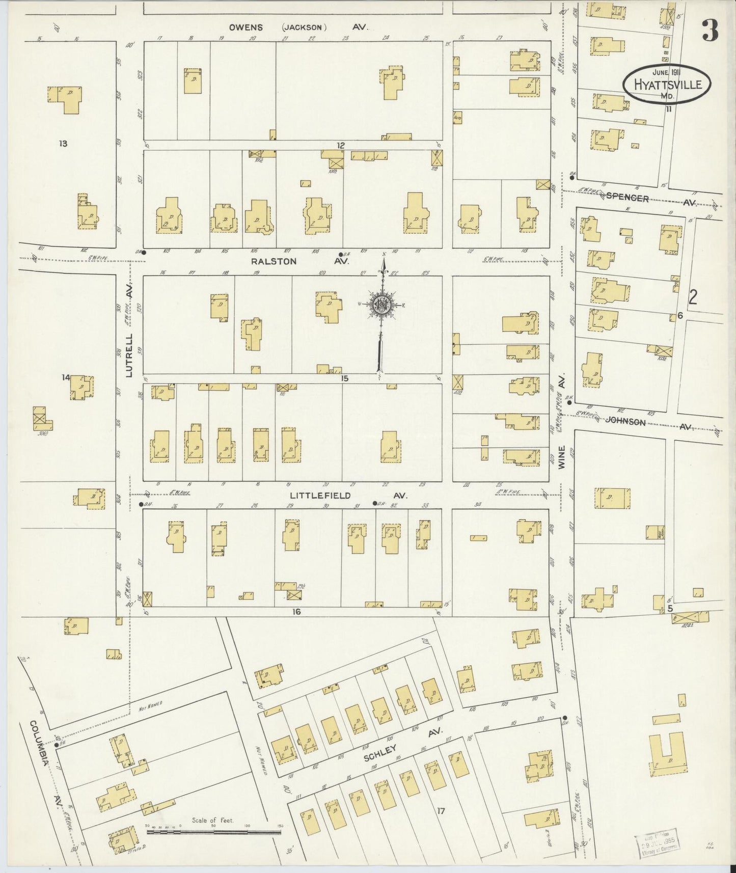 Sanborn Fire Insurance Map from Hyattsville, Prince Georges County, Maryland (1911), Sheet #0003 - Historic Sanborn Fire Insurance Map Print, vintage old map wall art