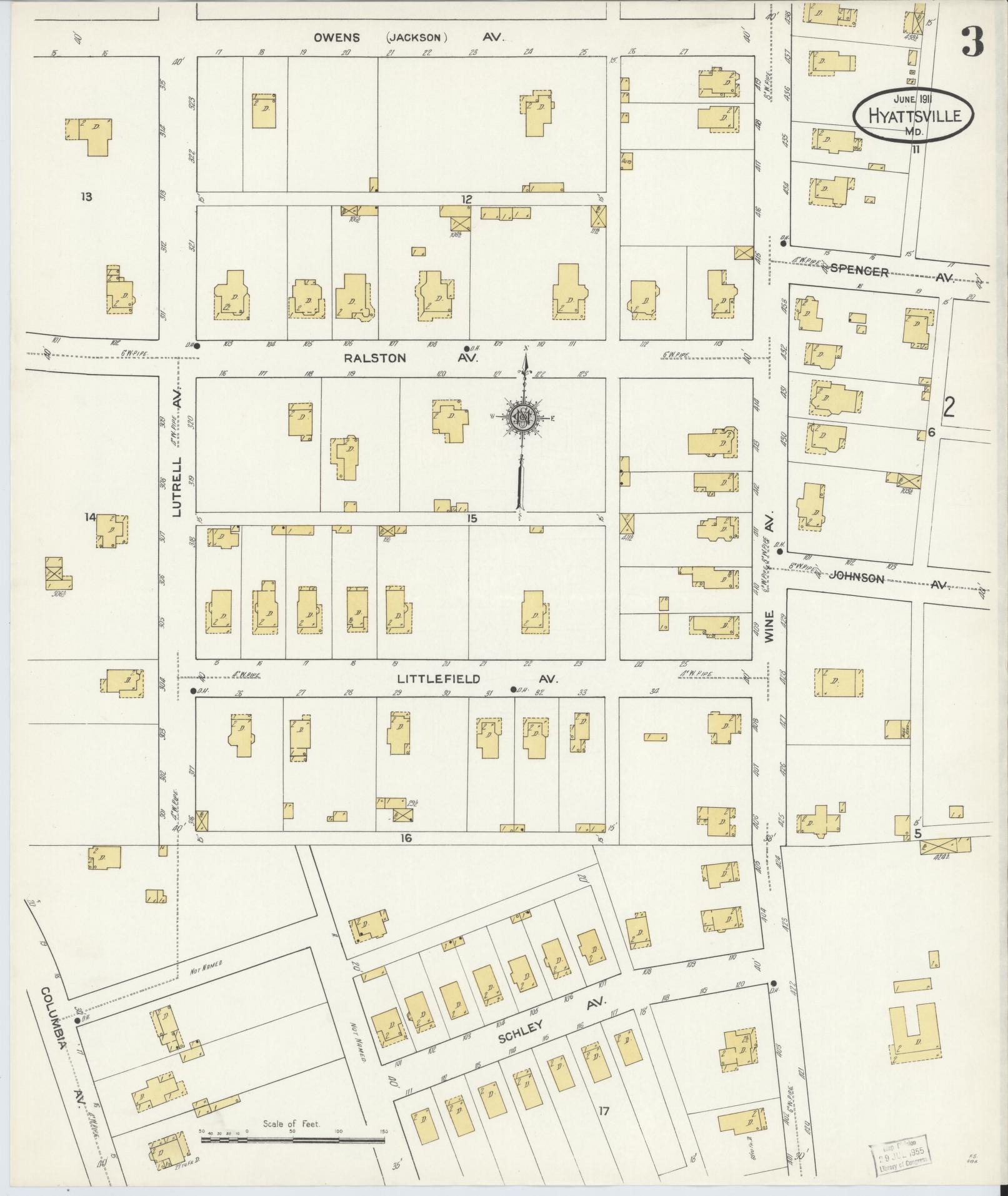 Sanborn Fire Insurance Map from Hyattsville, Prince Georges County, Maryland (1911), Sheet #0003 - Historic Sanborn Fire Insurance Map Print, vintage old map wall art