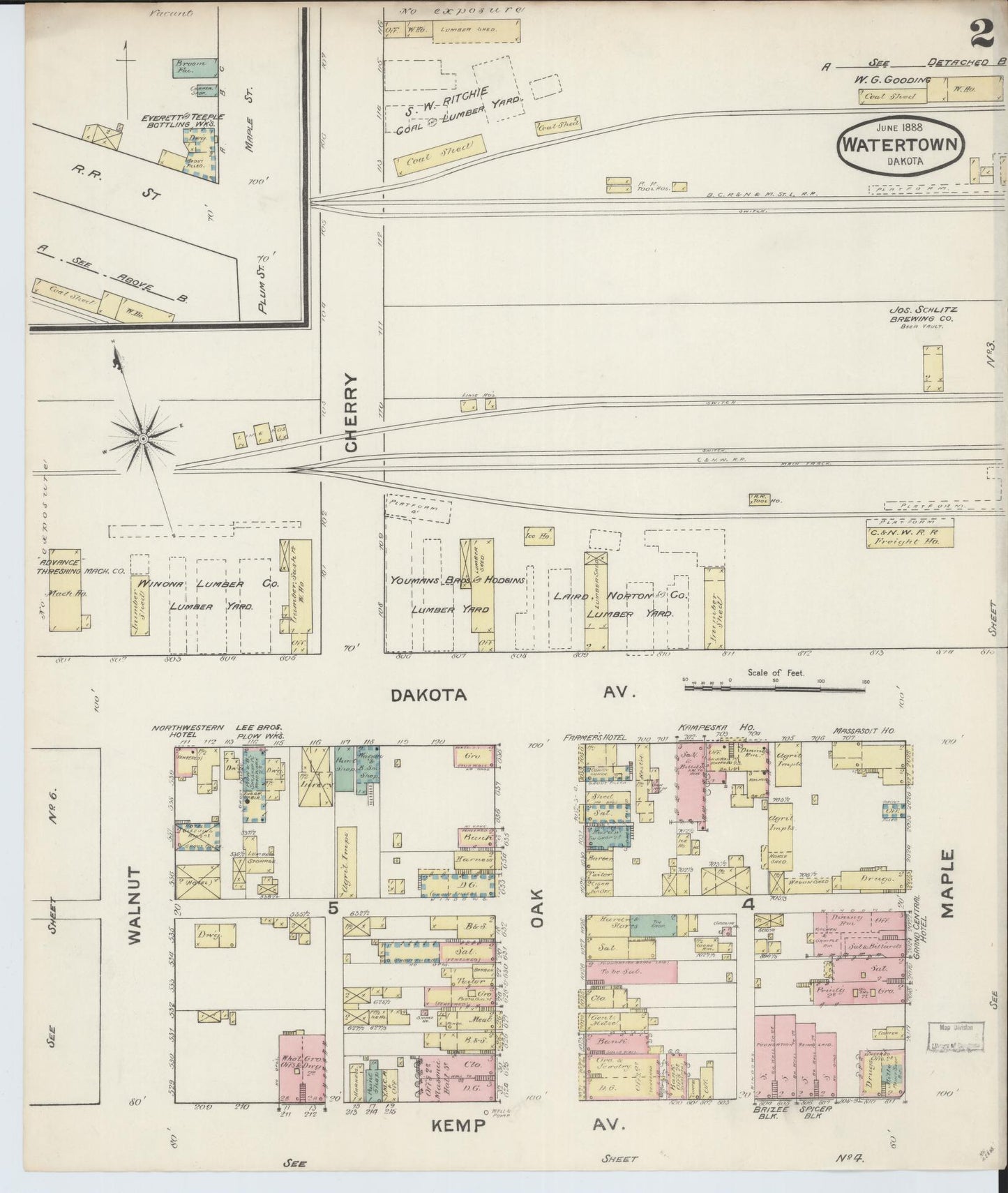 Sanborn Fire Insurance Map from Watertown, Codington County, South Dakota (1888), Sheet #0002 - Complete Map Set gallery image, historic Sanborn map, vintage wall art, South Dakota South Dakota