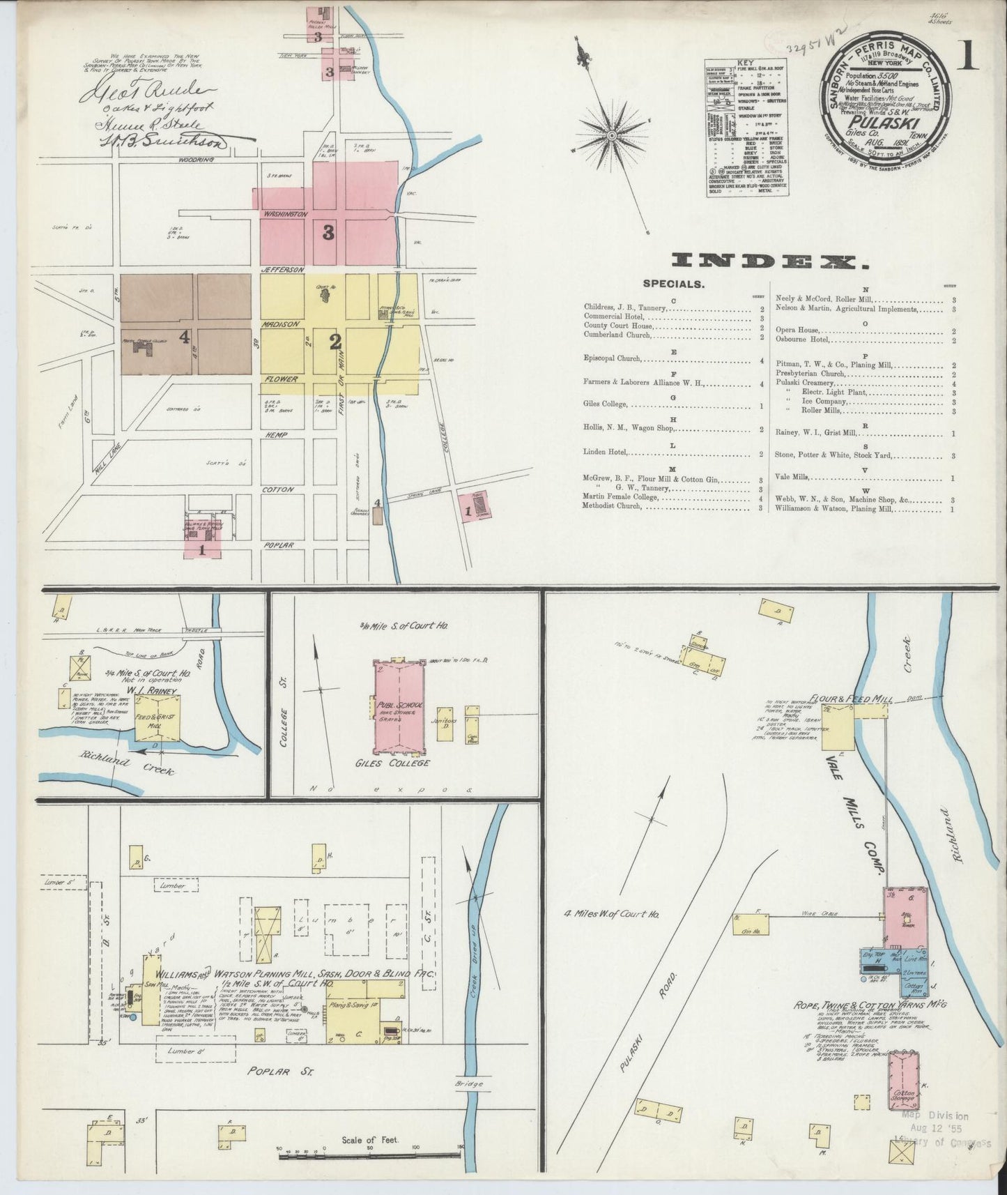 Sanborn Fire Insurance Map from Pulaski, Giles County, Tennessee (1891), Sheet #0001 - Complete Map Set gallery image, historic Sanborn map, vintage wall art, Tennessee Tennessee
