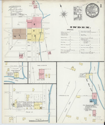 Sanborn Fire Insurance Map from Pulaski, Giles County, Tennessee (1891), Sheet #0001 - Complete Map Set gallery image, historic Sanborn map, vintage wall art, Tennessee Tennessee