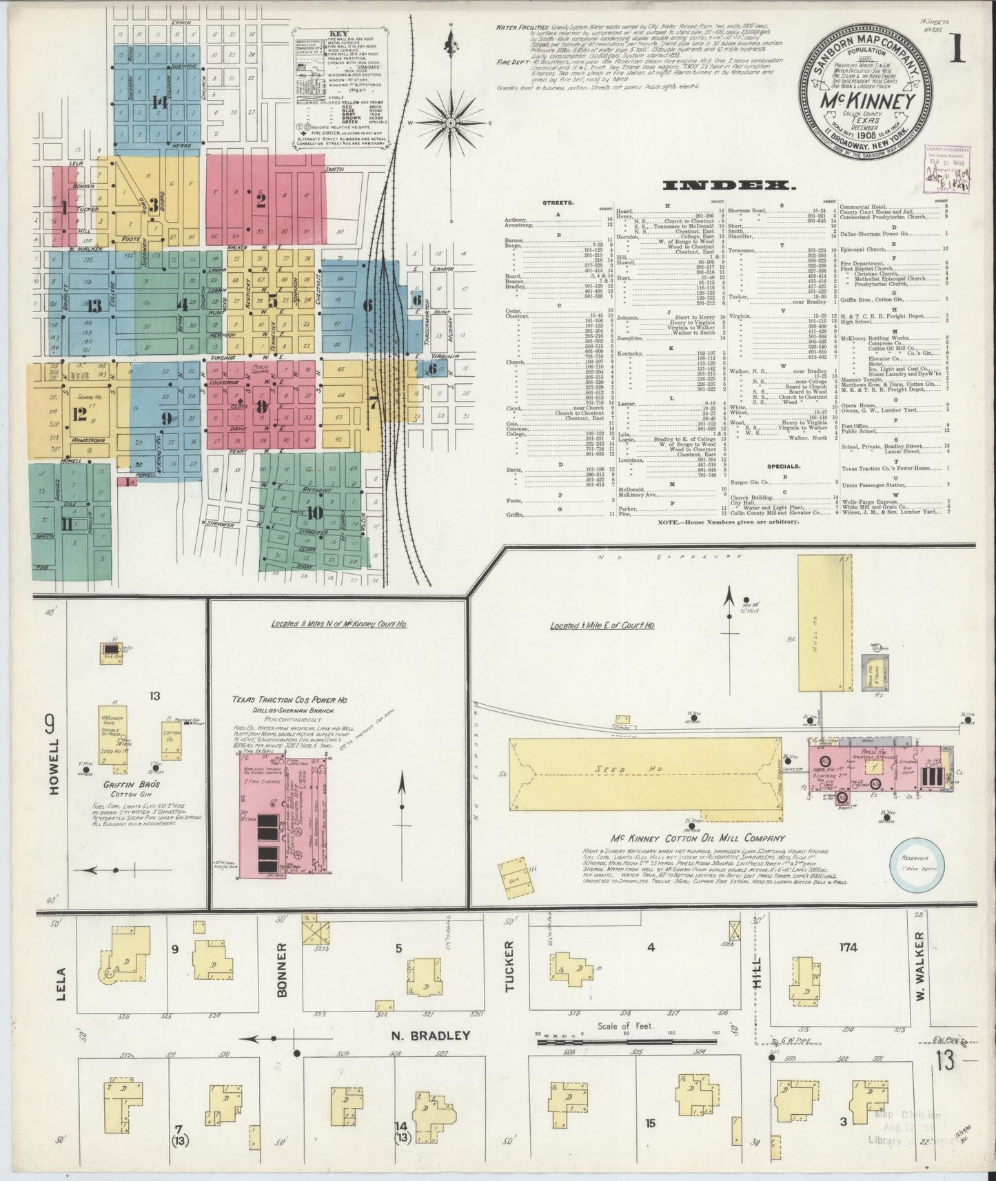 Sanborn Fire Insurance Map from McKinney, Collin County, Texas (1908), Sheet #0001 - Historic Sanborn Fire Insurance Map Print, vintage old map wall art, antique decor, genealogy gift, Texas Texas map