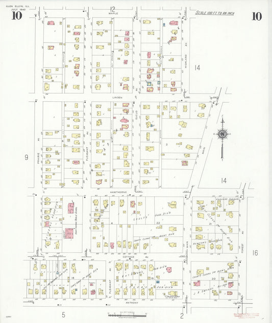 Sanborn Fire Insurance Map from Glen Ellyn, Du Page County, Illinois (1940), Sheet #0010 - Historic Sanborn Fire Insurance Map Print, vintage old map wall art, antique decor, genealogy gift, Illinois Illinois map