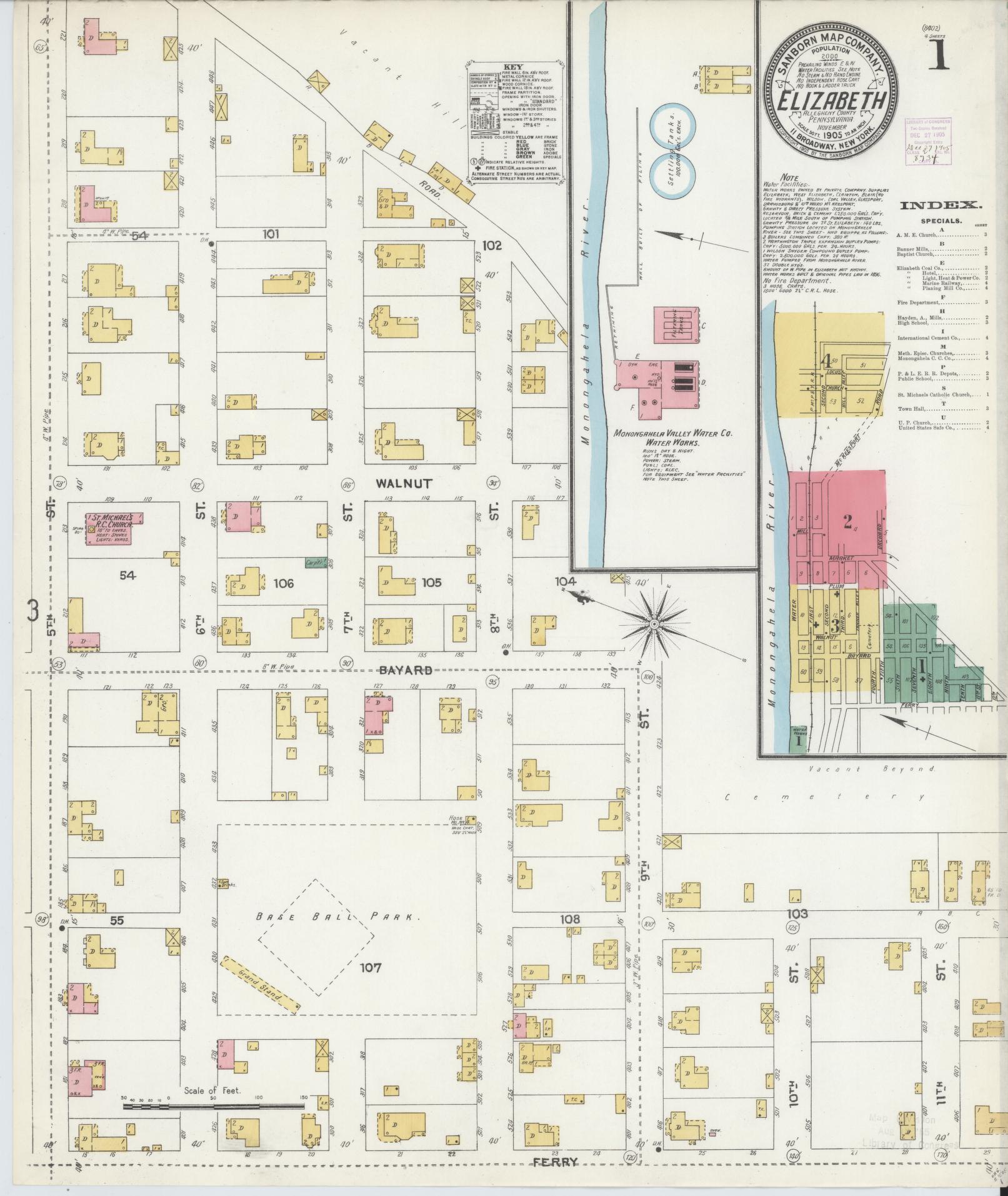Sanborn Fire Insurance Map from Elizabeth, Allegheny County, Pennsylvania (1905), Sheet #0001 - Historic Sanborn Fire Insurance Map Print, vintage old map wall art, antique decor, genealogy gift, Pennsylvania Pennsylvania map