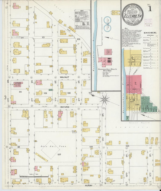 Sanborn Fire Insurance Map from Elizabeth, Allegheny County, Pennsylvania (1905), Sheet #0001 - Historic Sanborn Fire Insurance Map Print, vintage old map wall art, antique decor, genealogy gift, Pennsylvania Pennsylvania map