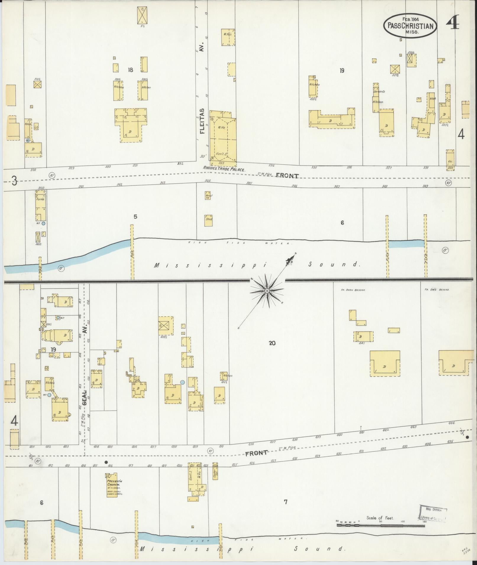 Sanborn Fire Insurance Map from Pass Christian, Harrison County, Mississippi (1904), Sheet #0004 - Historic Sanborn Fire Insurance Map Print, vintage old map wall art, antique decor, genealogy gift, Mississippi Mississippi map