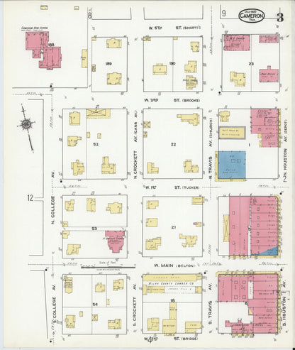 Sanborn Fire Insurance Map from Cameron, Milam County, Texas (1920), Sheet #0003 - Historic Sanborn Fire Insurance Map Print, vintage old map wall art, antique decor, genealogy gift, Texas Texas map