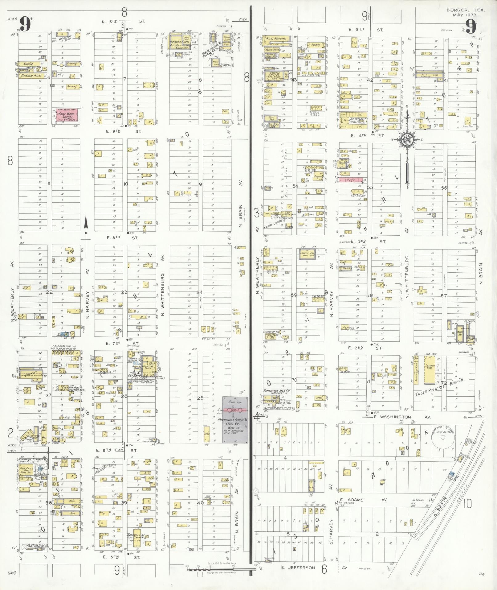 Sanborn Fire Insurance Map from Borger, Hutchinson County, Texas (1933), Sheet #0009 - Complete Map Set gallery image, historic Sanborn map, vintage wall art, Texas Texas
