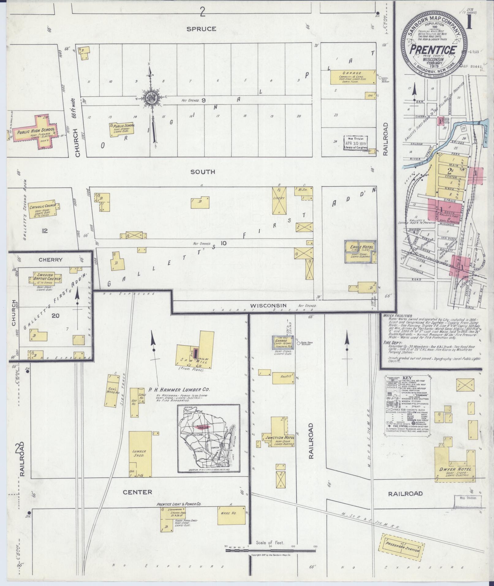 Sanborn Fire Insurance Map from Prentice, Price County, Wisconsin (1919), Sheet #0001 - Historic Sanborn Fire Insurance Map Print, vintage old map wall art, antique decor, genealogy gift, Wisconsin Wisconsin map
