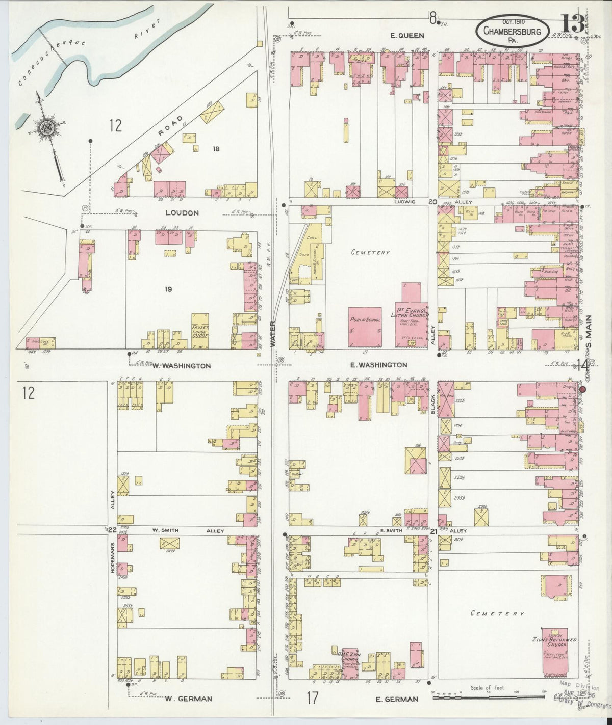 Sanborn Fire Insurance Map from Chambersburg, Franklin County, Pennsylvania (1910), Sheet #0013 - Complete Map Set gallery image, historic Sanborn map, vintage wall art, Pennsylvania Pennsylvania
