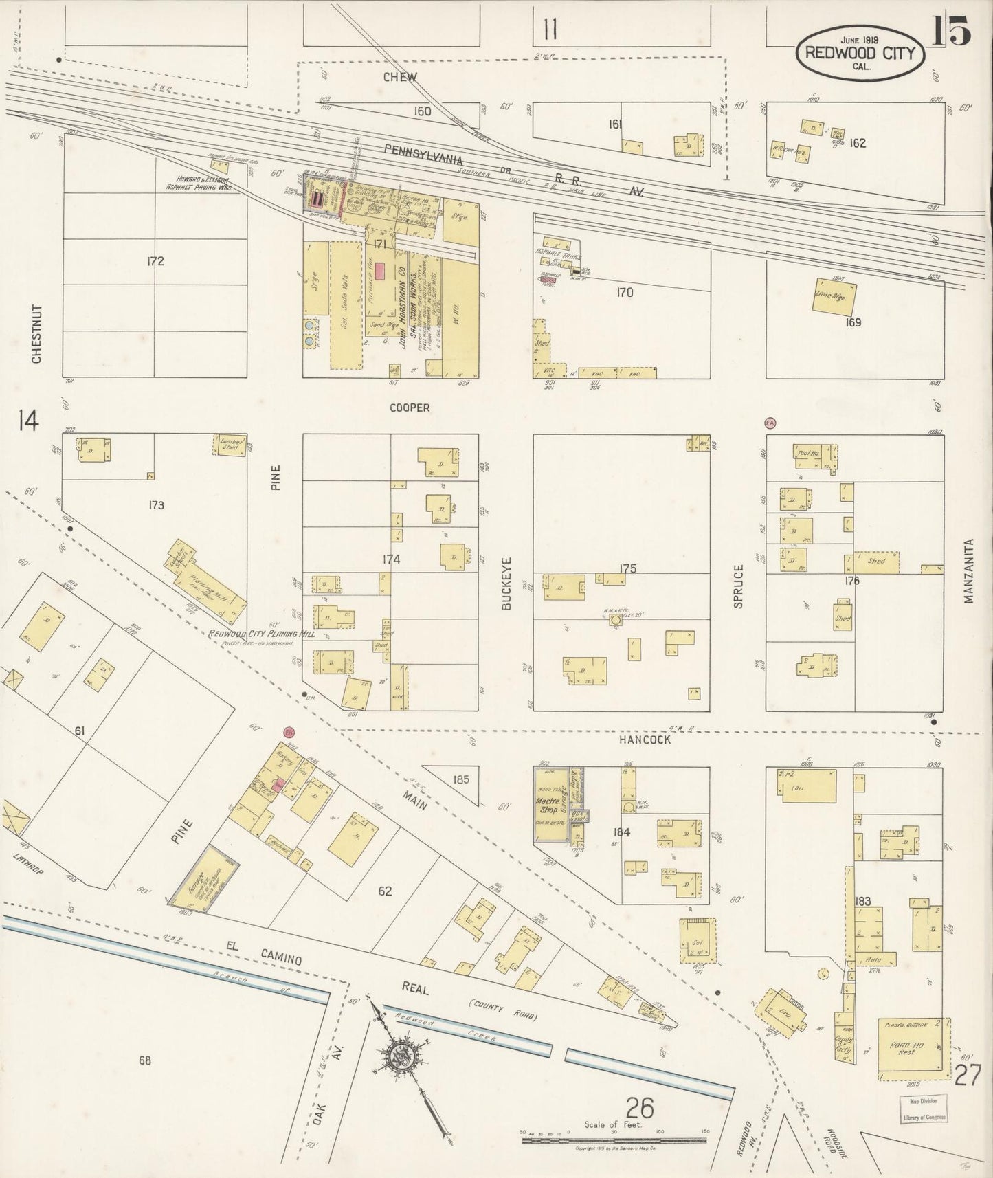 Sanborn Fire Insurance Map from Redwood City, San Mateo County, California (1919), Sheet #0015 - Complete Map Set gallery image, historic Sanborn map, vintage wall art, California California