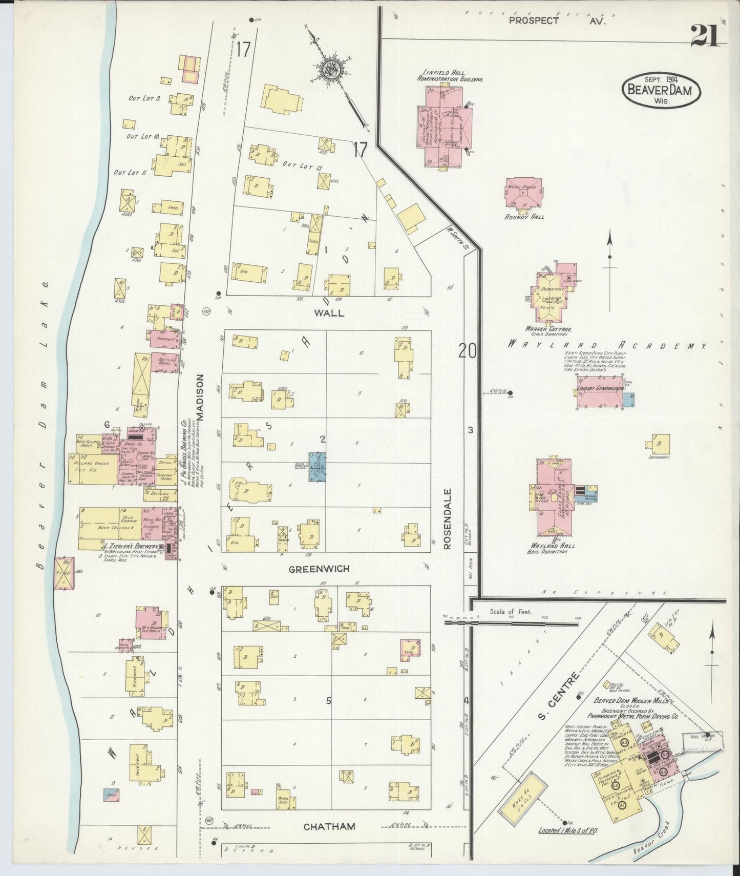 Sanborn Fire Insurance Map from Beaver Dam, Dodge County, Wisconsin (1914), Sheet #0021 - Historic Sanborn Fire Insurance Map Print, vintage old map wall art, antique decor, genealogy gift, Wisconsin Wisconsin map