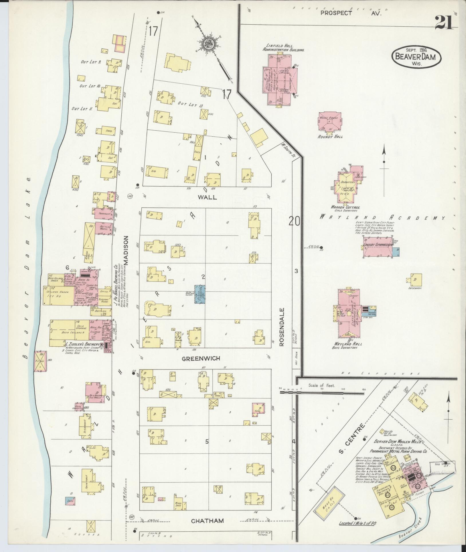 Sanborn Fire Insurance Map from Beaver Dam, Dodge County, Wisconsin (1914), Sheet #0021 - Historic Sanborn Fire Insurance Map Print, vintage old map wall art, antique decor, genealogy gift, Wisconsin Wisconsin map