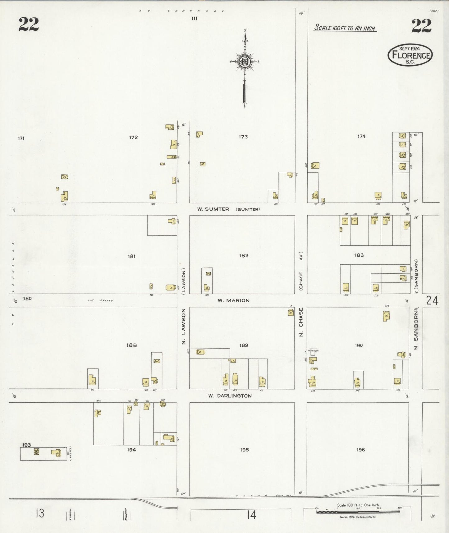 Sanborn Fire Insurance Map from Florence, Florence County, South Carolina (1924), Sheet #0022 - Complete Map Set gallery image, historic Sanborn map, vintage wall art, South Carolina South Carolina
