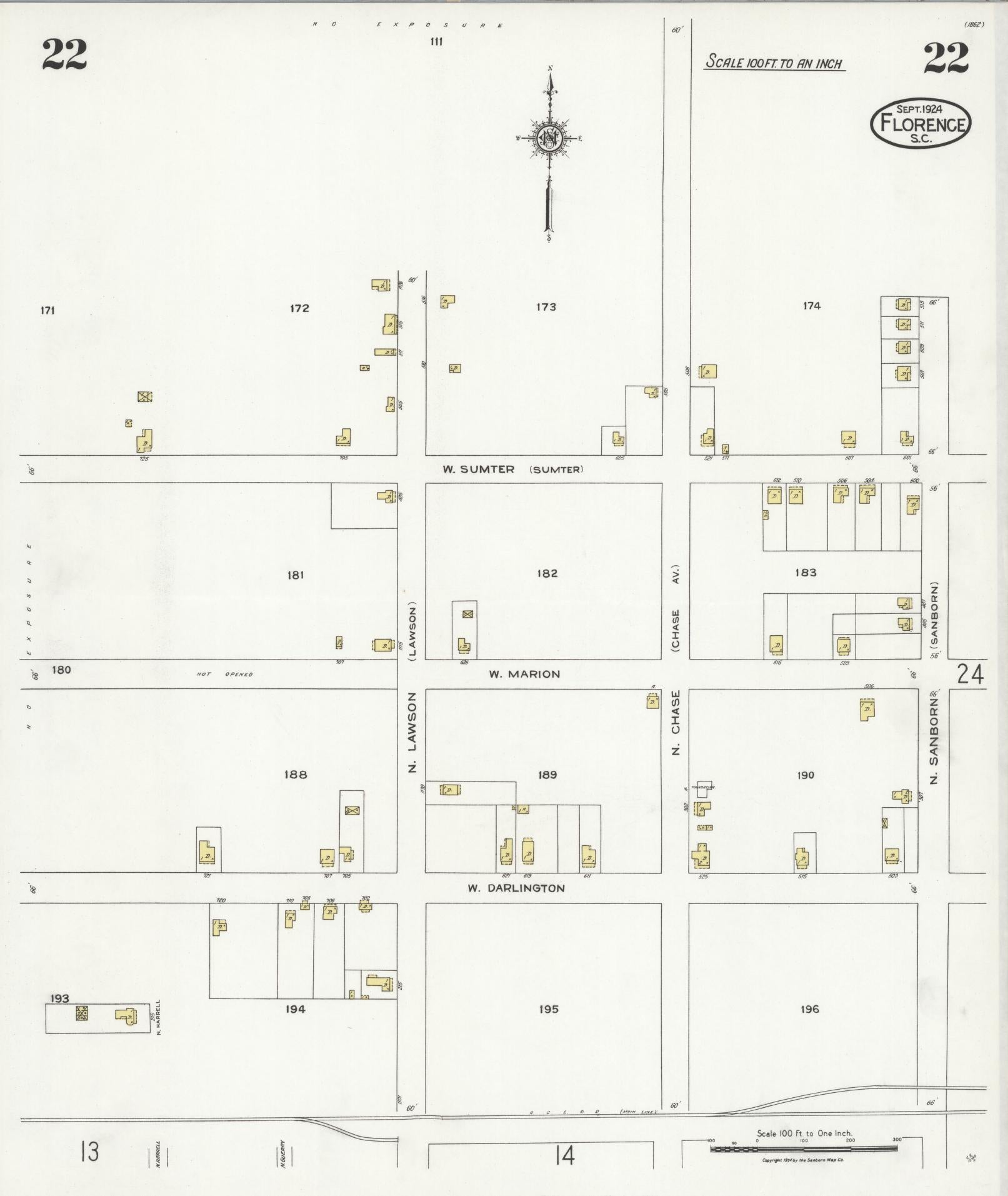 Sanborn Fire Insurance Map from Florence, Florence County, South Carolina (1924), Sheet #0022 - Complete Map Set gallery image, historic Sanborn map, vintage wall art, South Carolina South Carolina