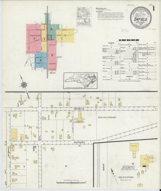 Sanborn Fire Insurance Map from Enfield, Halifax County, North Carolina (1915), Sheet #0001 - Complete Map Set gallery image, historic Sanborn map, vintage wall art, North Carolina North Carolina