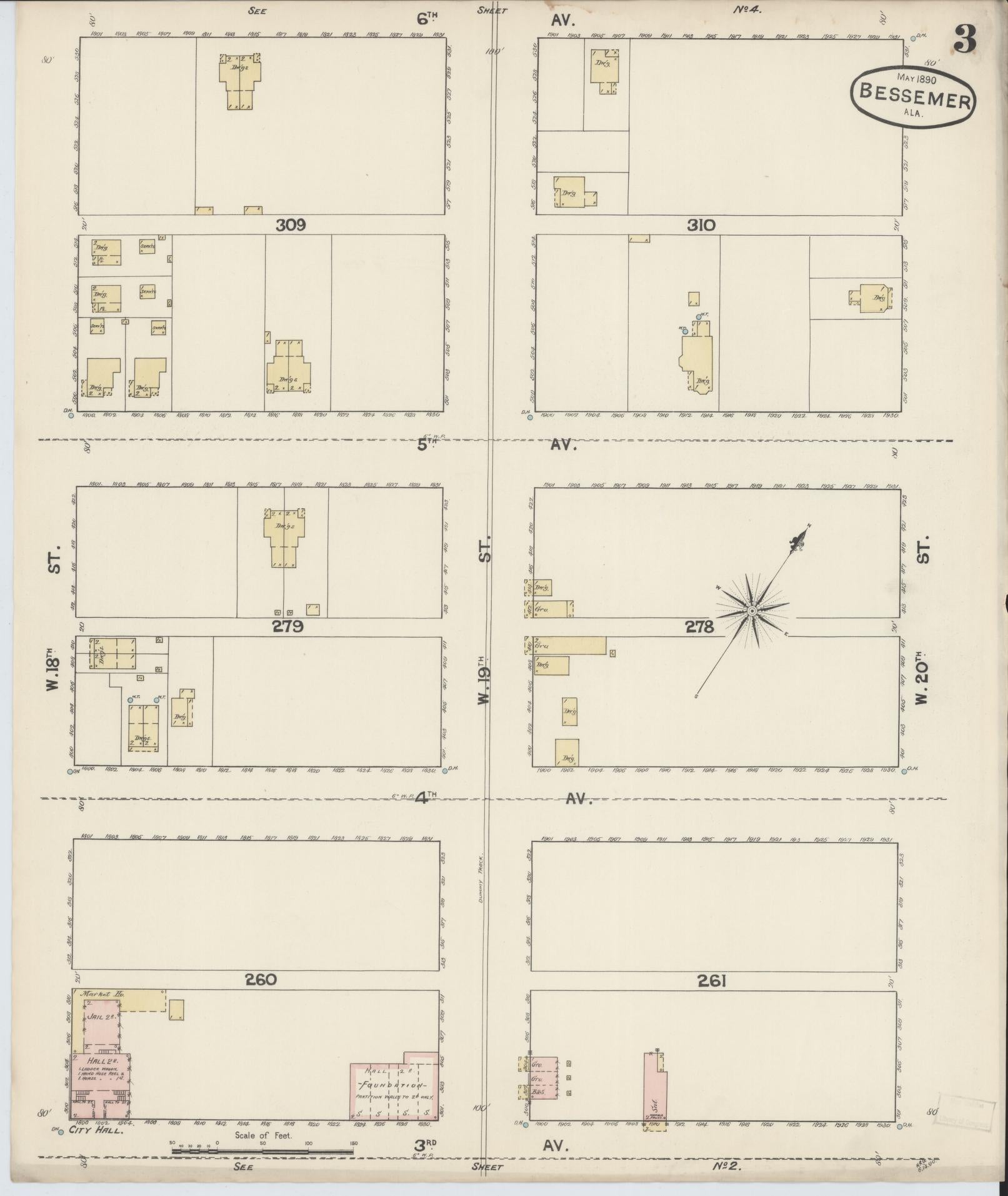 Sanborn Fire Insurance Map from Bessemer, Jefferson County, Alabama (1890), Sheet #0003 - Complete Map Set gallery image, historic Sanborn map, vintage wall art, Alabama Alabama