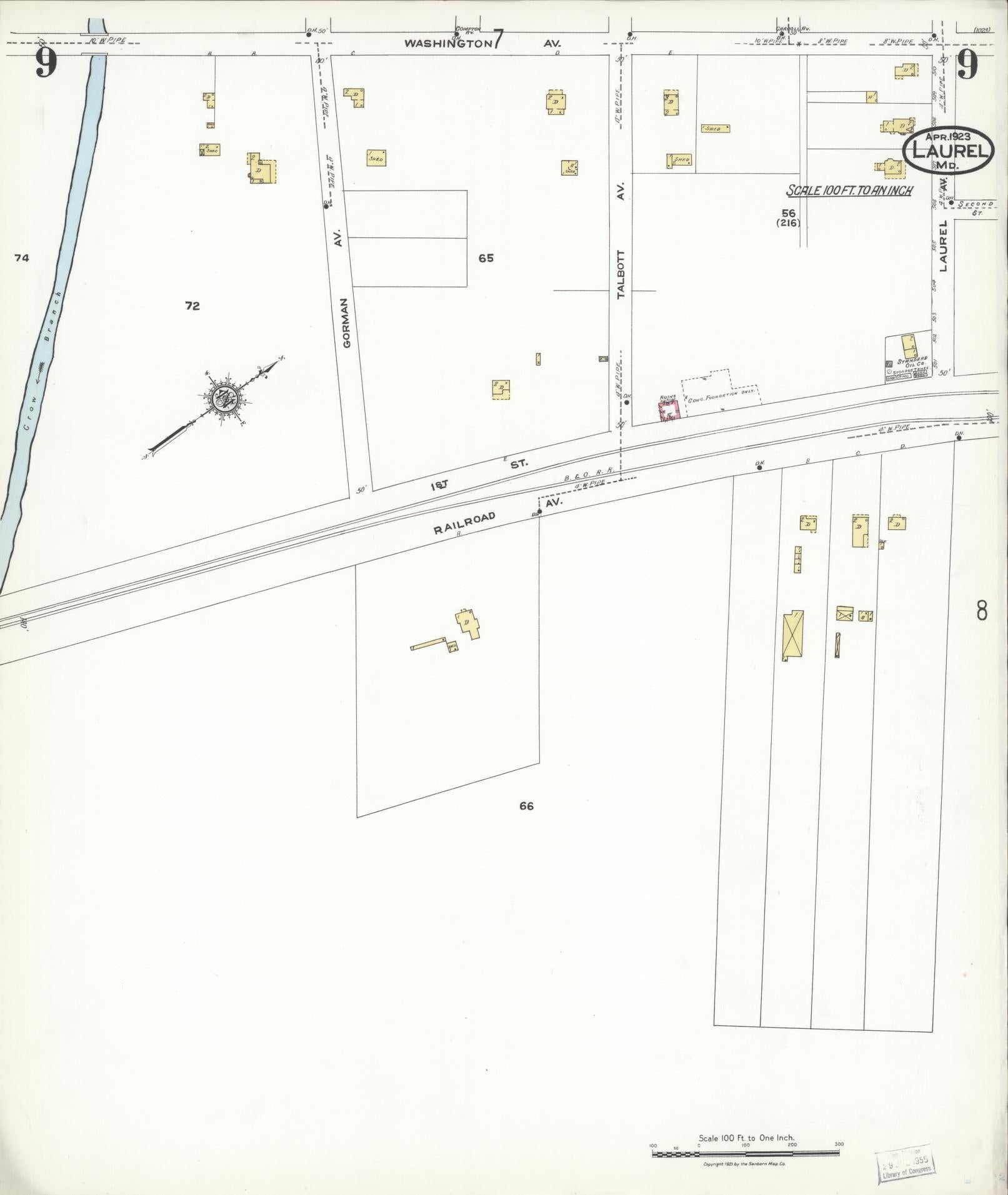 Sanborn Fire Insurance Map from Laurel, Prince Georges County, Maryland (1923), Sheet #0009 - Complete Map Set gallery image, historic Sanborn map, vintage wall art, Maryland Maryland