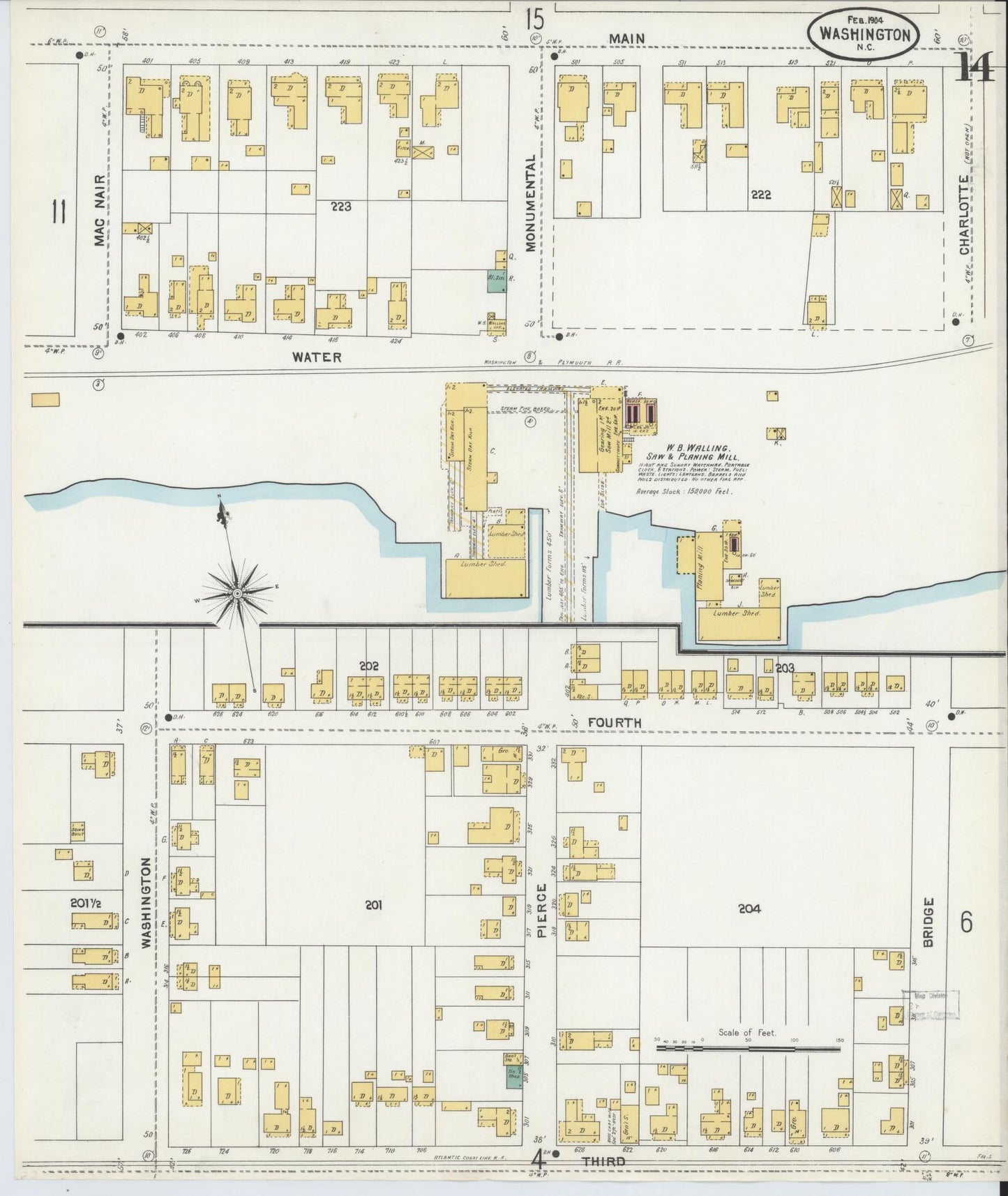 Sanborn Fire Insurance Map from Washington, Beaufort County, North Carolina (1904), Sheet #0014 - Historic Sanborn Fire Insurance Map Print, vintage old map wall art, antique decor, genealogy gift, Washington Washington map