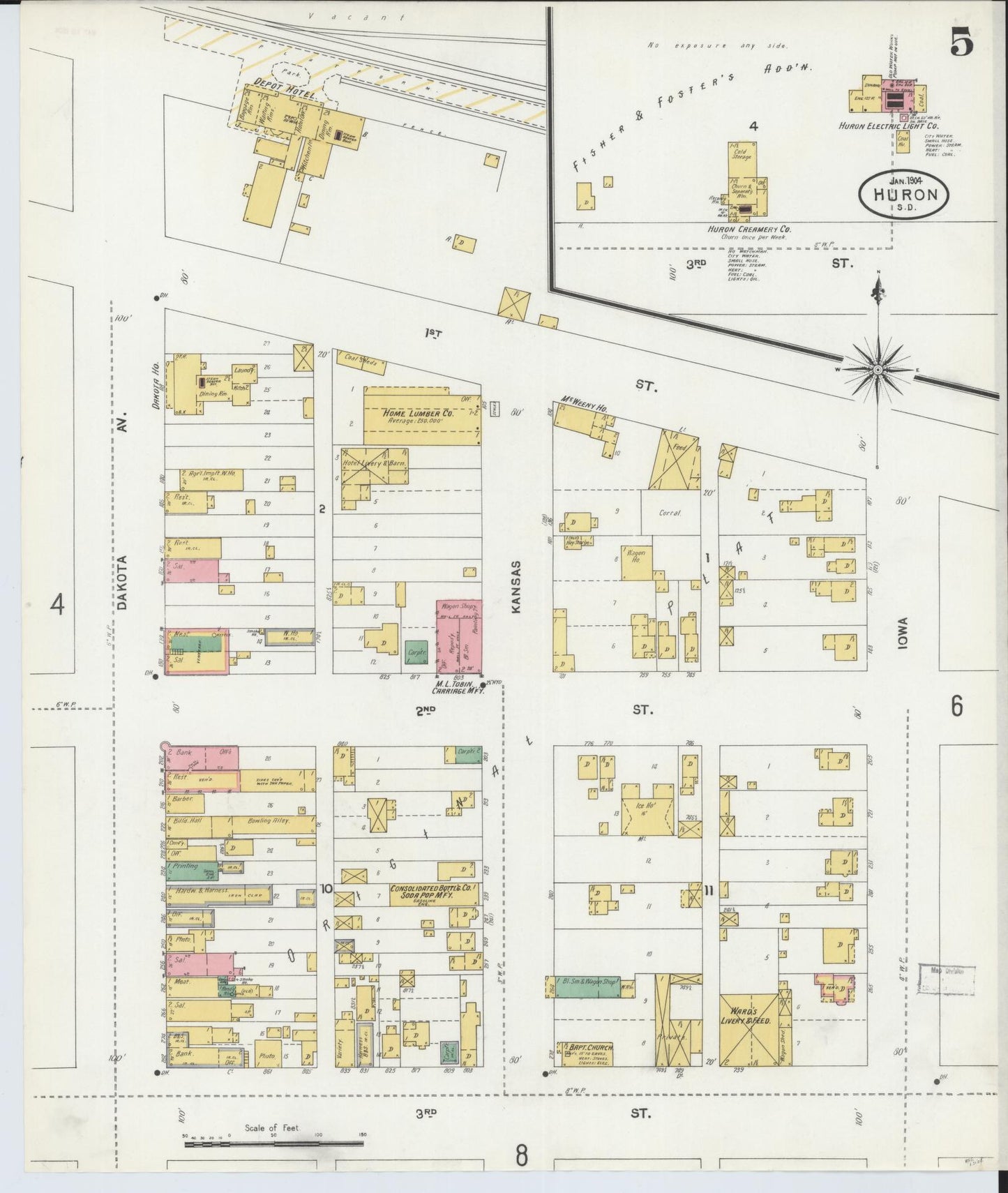 Sanborn Fire Insurance Map from Huron, Beadle County, South Dakota (1904), Sheet #0005 - Complete Map Set gallery image, historic Sanborn map, vintage wall art, South Dakota South Dakota