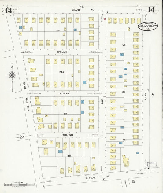 Sanborn Fire Insurance Map from Johnson City, Broome County, New York (1925), Sheet #0014 - Historic Sanborn Fire Insurance Map Print, vintage old map wall art, antique decor, genealogy gift, New York New York map